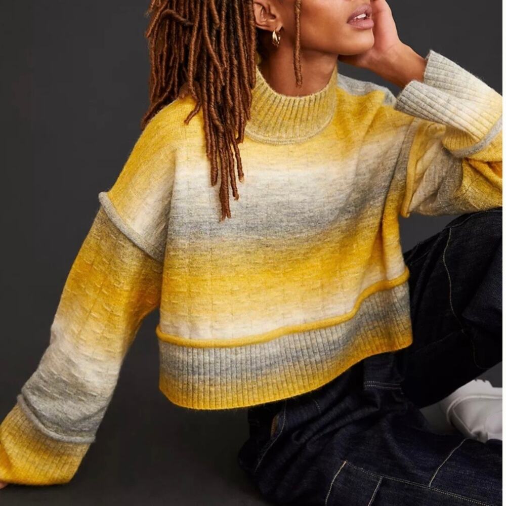 Pilcro Anthropologie Yellow Grey Ombre Striped Cropped Mock Neck Sweater XL - Picture 14 of 15
